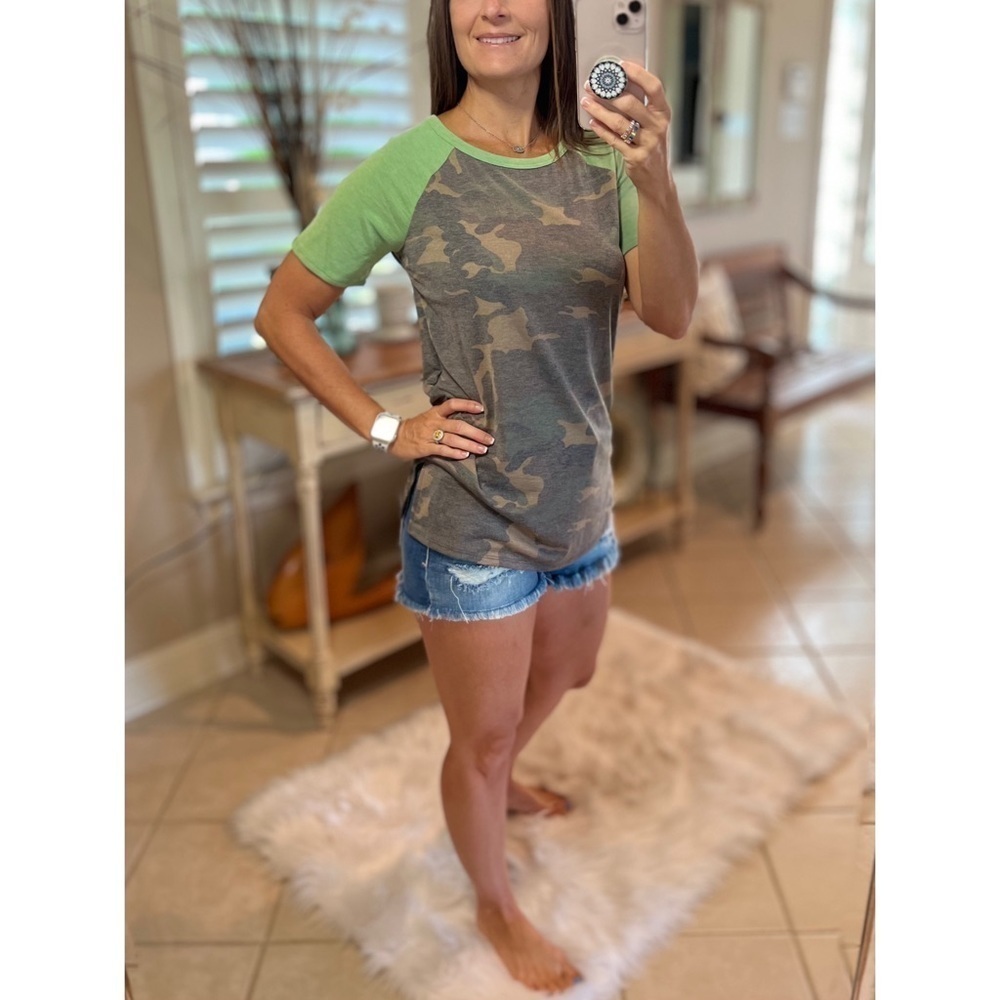 ❤️‍🔥Camouflage Color Block Raglan Contrast Round Neck Shirt Top Green 2522